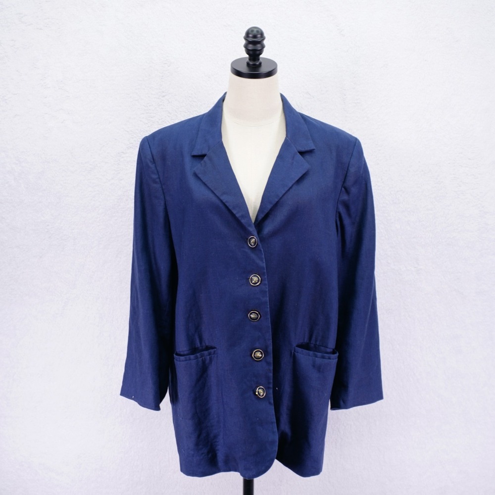 Rafaella -10- 100% Linen Blue Button Up Suit Jacket Pocketsโ Collared